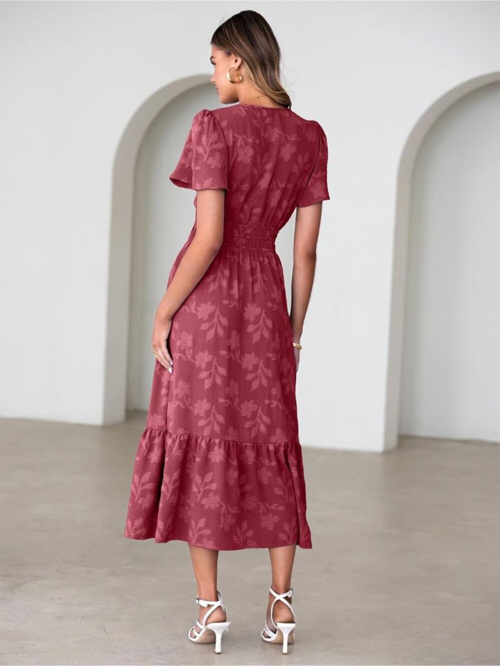 Women's Burgundy Short Sleeve V Neck Empire Waist Floral Imported Maxi Dress - Picture 4 of 6